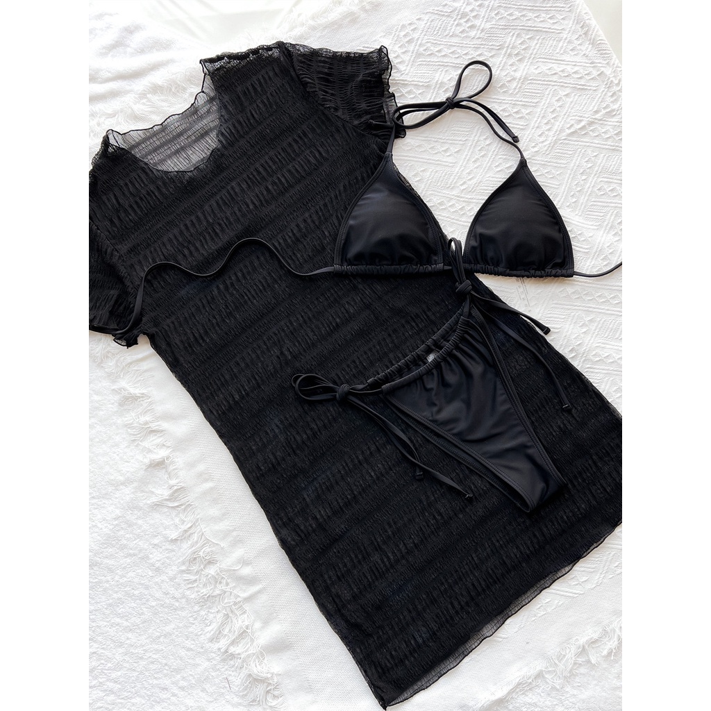 [BKN1605] &lt;ÂU&gt; SET BIKINI 3 MÓN ĐEN KÈM VÁY SUÔNG NGẮN TAY