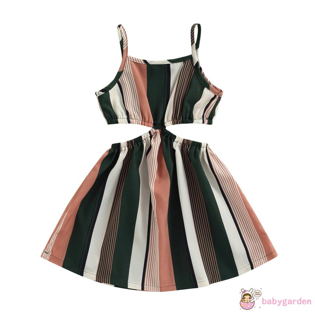 Đầm Hai Dây Hở Vai Họa Tiết Kẻ Sọc Màu Sắc Tương Phản Thời Trang Mùa Hè Dành Cho Bé Gái 4-7 Tuổi
