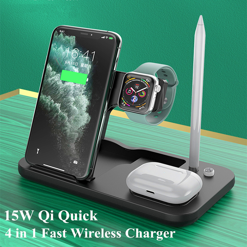 Đế Sạc Nhanh Không Dây 4 Trong 1 15W Cho iPhone 12 11 Pro XS Apple Watch iwatch Giá Đỡ