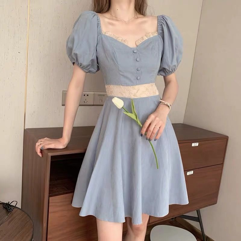 Đầm tay phồng cổ vuông thời trang mùa hè phong cách Pháp cho nữ