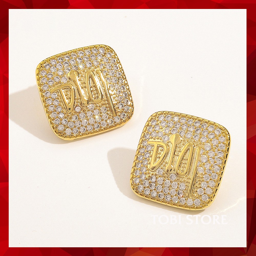 Bông tai nữ thương hiệu D dạng nụ hình vuông đính ngọc sang chảnh TOBI STORE TB356