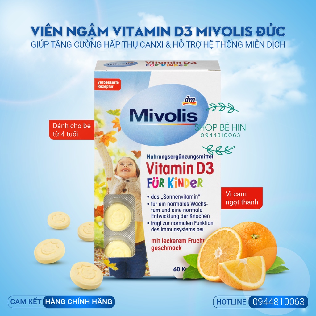 (Đủ bill) Viên ngậm bổ sung vitamin D3 Mivolis cho bé từ 4 tuổi, hàng Đức chính hãng-Shop Bé Hin