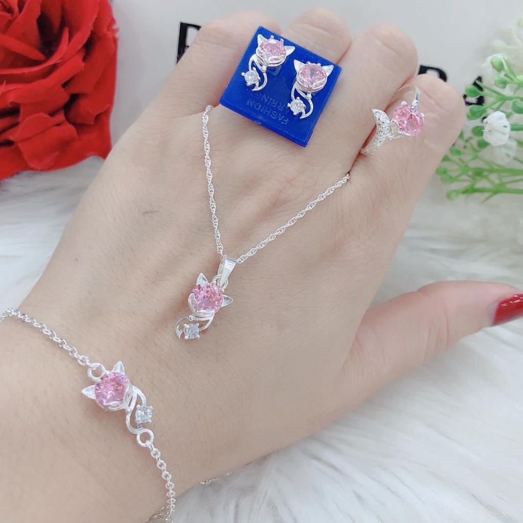 Bộ trang sức bạc mặt hồ ly nhiều màu gồm 4 món, Sét trang sức bạc phong thủy sang trọng nữ tính