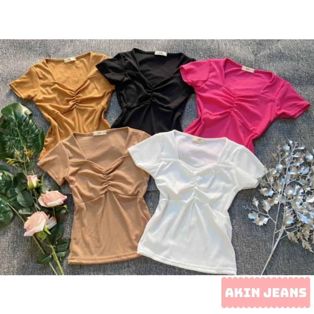 Áo Thun Nữ Dúm Ngực Ôm Body Siêu Tôn Dáng Tiểu Thư Chất Cotton Cổ Vuông Tay Ngắn Akin Jeans, APDN