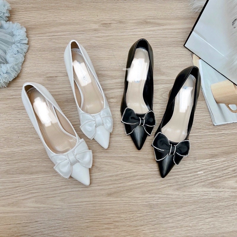 Giày gót bít mũi Pan nơ kết xoàn cao 7cm xinh xắn thanh lịch
