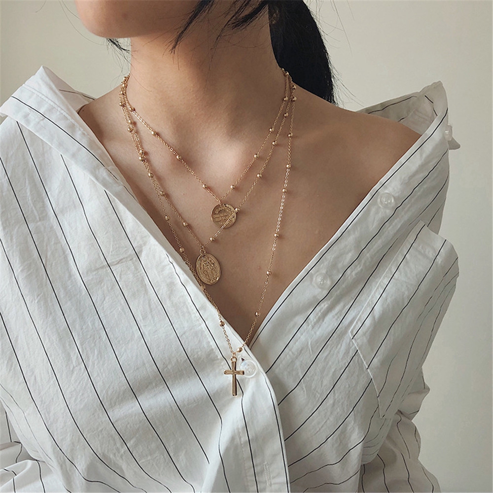 XIJING-COD 3pcs Woman Bohemian Vintage Multi-layered Gold Necklace Cross Virgin Mary Pendant Necklace