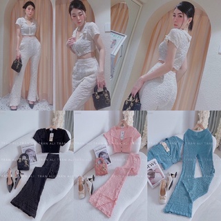 Set áo xốp croptop cổ bẻ kèm quần ống loe