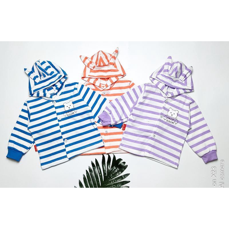 Áo Khoác Sơ Sinh Có Mũ Tai Thỏ Sọc Trắng, Vải Cotton