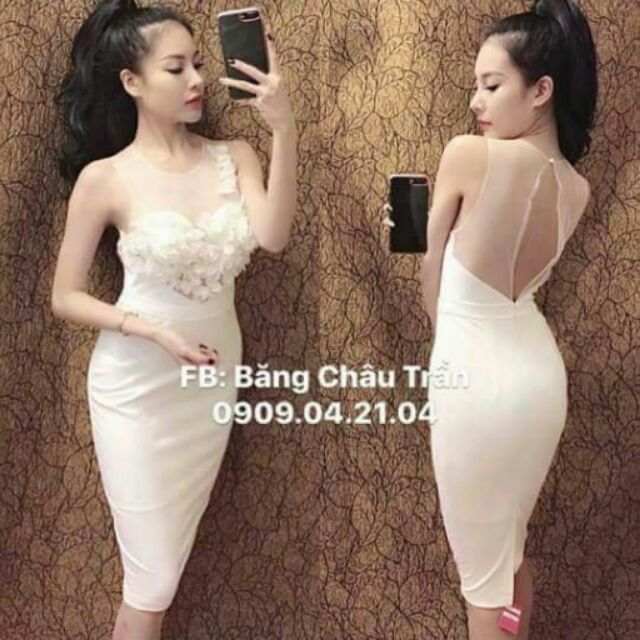 Đầm body hở lưng ren lưới hoa
