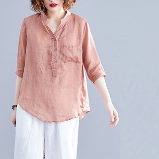 Áo sơ mi nữ cổ trụ tay lỡ SLINEN, chất liện đũi tơ mềm mát, form suông không kén dáng.