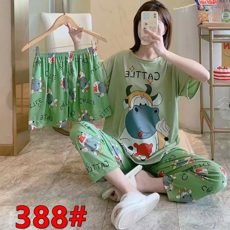 Bộ ngủ tiểu thư 3 món: áo cộc tay, quần đùi, quần dài mặc nhà hình cute