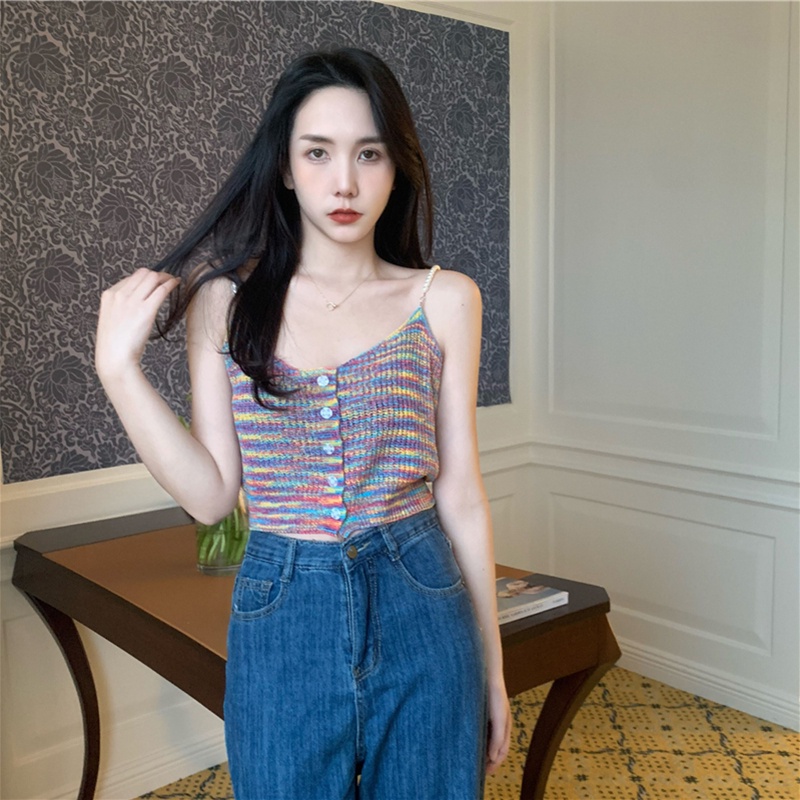 XIAO ZHAI NV QADCOL Áo Hai Dây Cổ Chữ v Màu Sắc retro Phong Cách Pháp Thời Trang Mùa Hè Cho Nữ