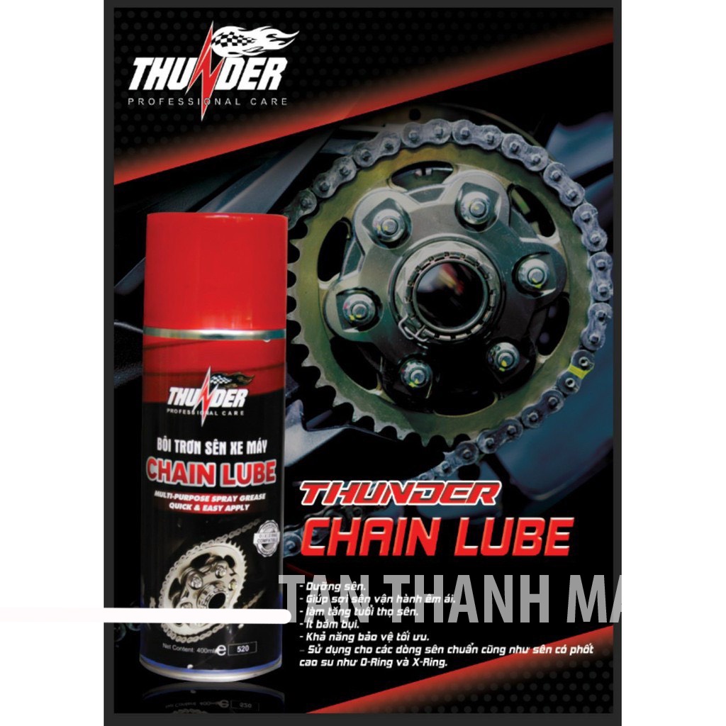 Chai xịt bôi trơn bảo vệ sên xe máy/mô tô Thunder ChainLube 400ml và Bàn chải vệ sinh sên cao cấp-PTTT