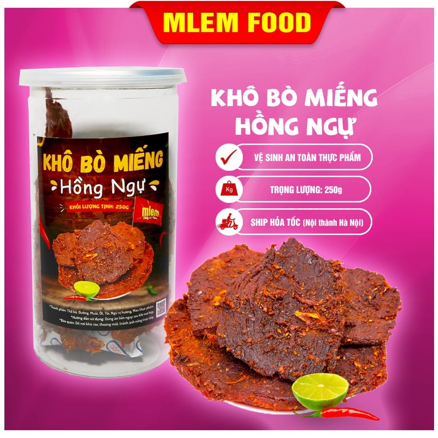 Khô bò miếng Hồng Ngự 250gr Mlem Food, Bò khô cay miếng to - Đồ ăn vặt Hà Nội