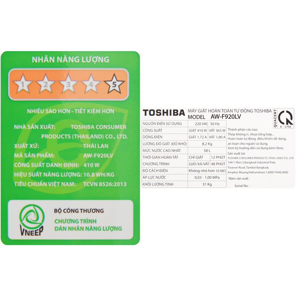 Máy giặt Toshiba 8.2 kg AW-F920LV WB