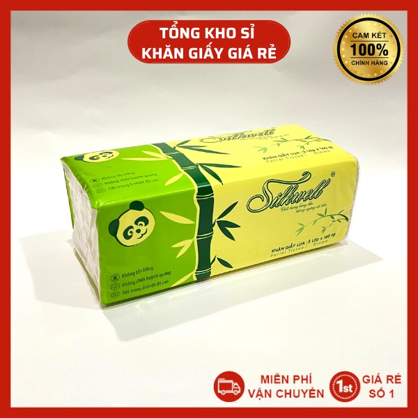 Giấy ăn gấu trúc Silkwell 160 tờ 3 lớp, khăn giấy gấu trúc siêu dai không tẩy trắng hàng chính hãng