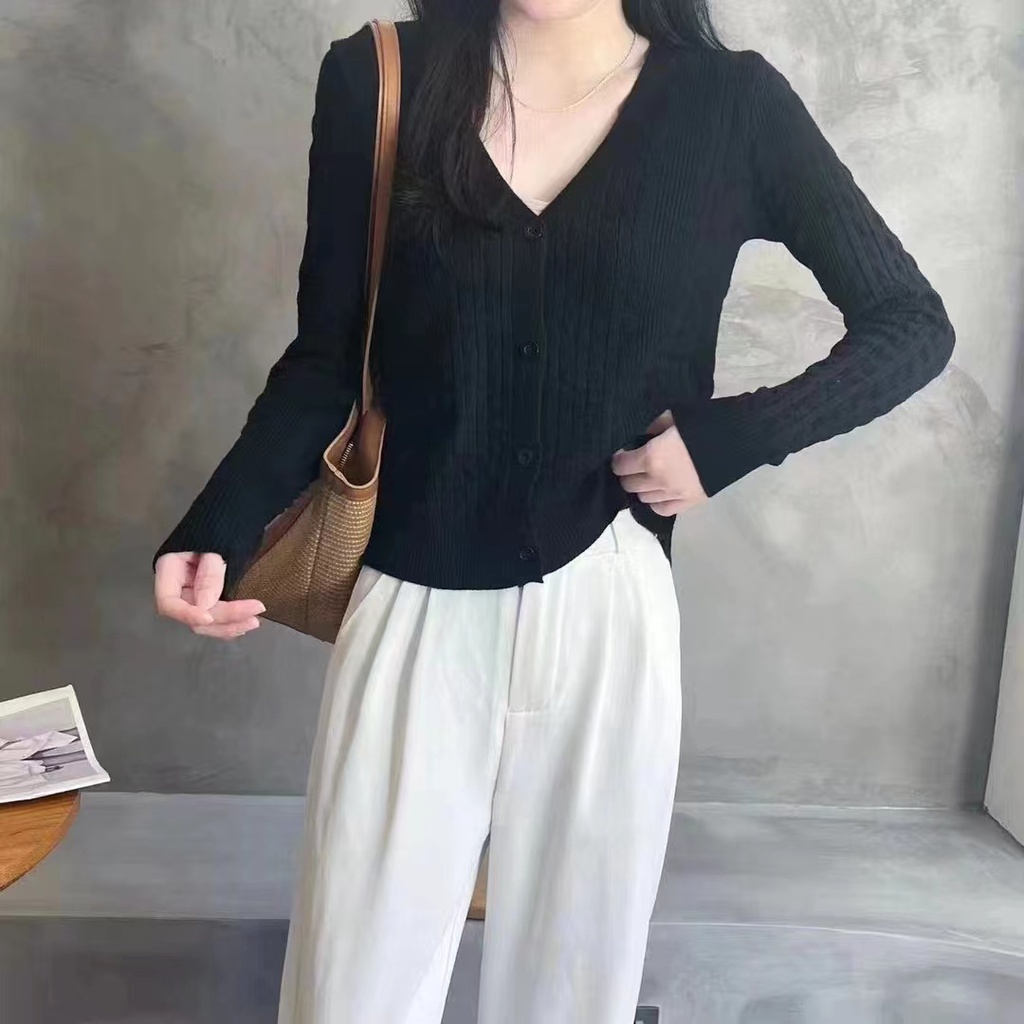 Áo khoác cardigan ZHELIHANGFEI vải dệt kim tay dài dáng rộng cổ chữ V dễ phối đồ