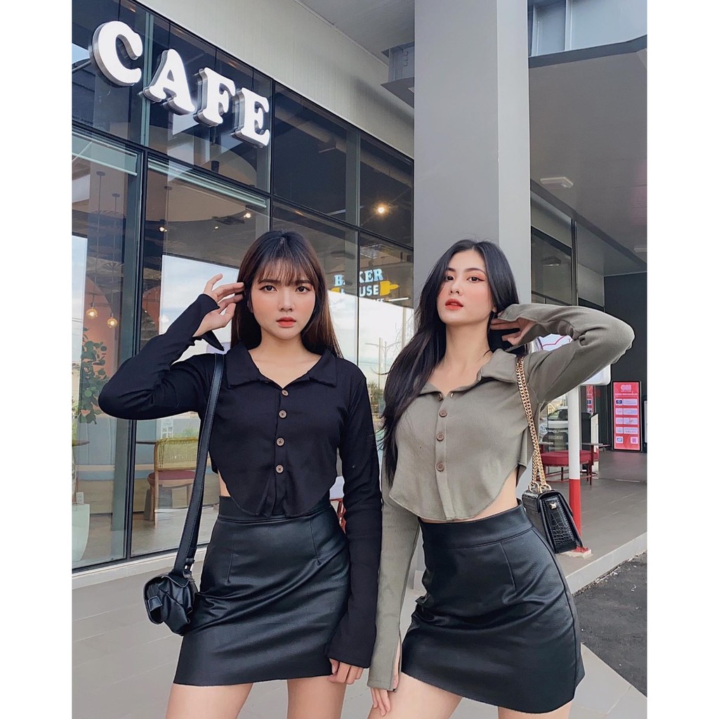 Áo croptop nữ polo nút tay dài trơn chất liệu thun gân co giãn I Hhvintage