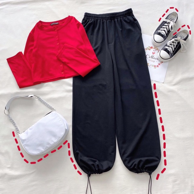Set LongPants Basic-CropTop Nút Basic Tay Dài Ảnh Thật 100%