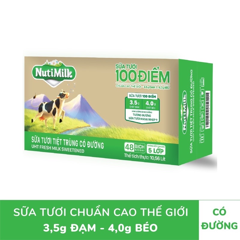 Sữa tươi tiệt trùng Nutifood Nutimilk 100 điểm loại túi (Thùng 48 bịch x 220ml)