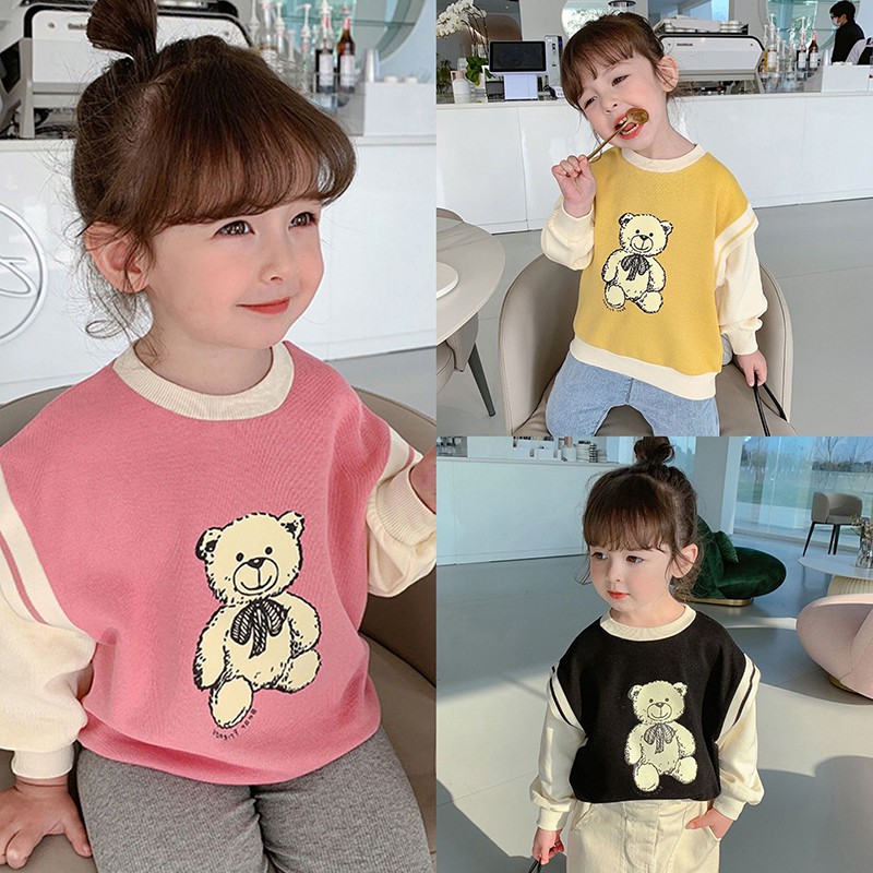 Áo sweater cổ tròn in họa tiết hoạt hình màu sắc tương phản phong cách Hàn Quốc thời trang dành cho bé gái