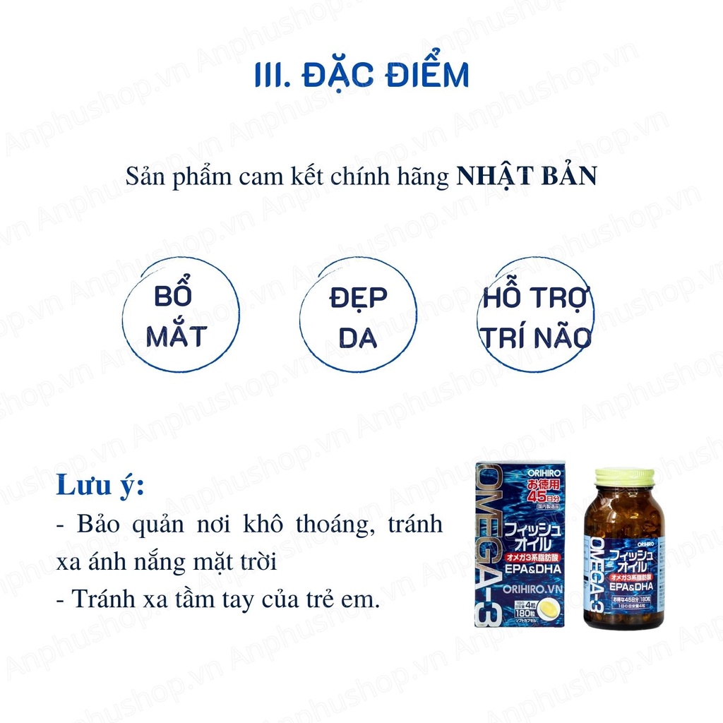 Dầu cá Omega-3 Orihiro Nhật Bản 180 viên, Viên uống bổ mắt, hỗ trợ tim mạch, trí não Orihiro - Sản phẩm chính hãng