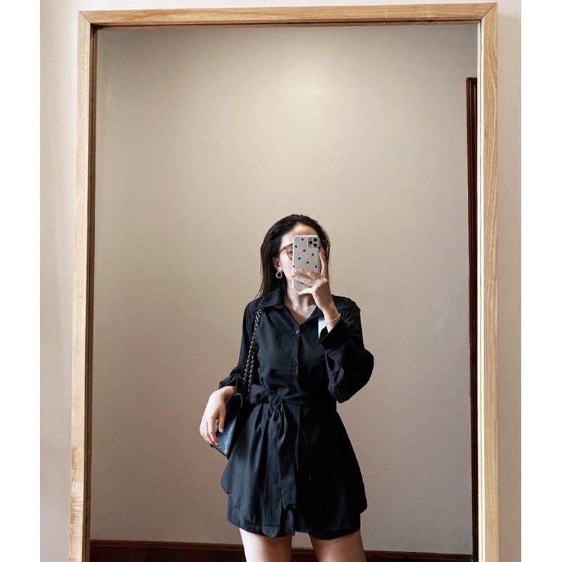 Sét Đồ Hàn Quốc Áo Váy Sơ Mi Buộc Eo Kèm Quần, Sét Đồ Nữ Thanh Lịch Bánh Bèo Chan House