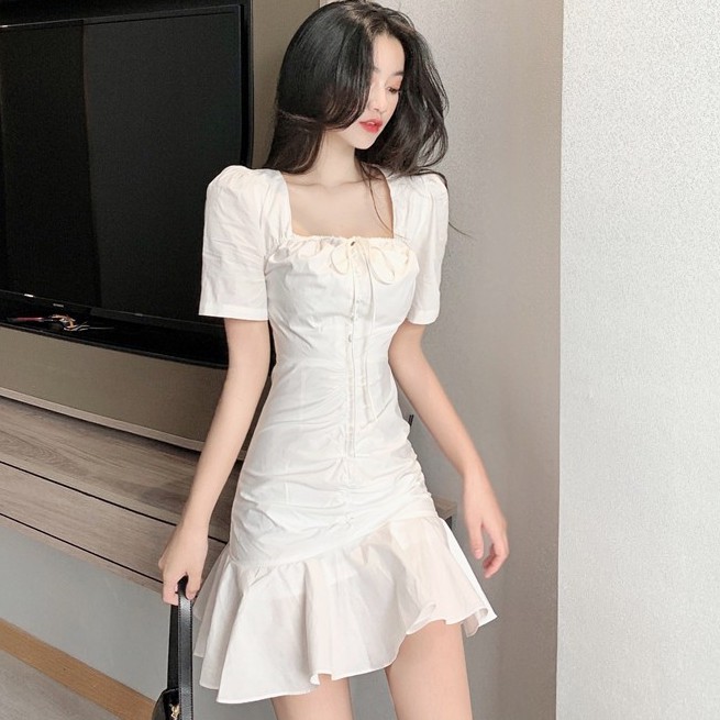 Đầm Chữ A Cổ Vuông Xếp Ly Phối Dây Rút Phong Cách Hàn Quốc | BigBuy360 - bigbuy360.vn