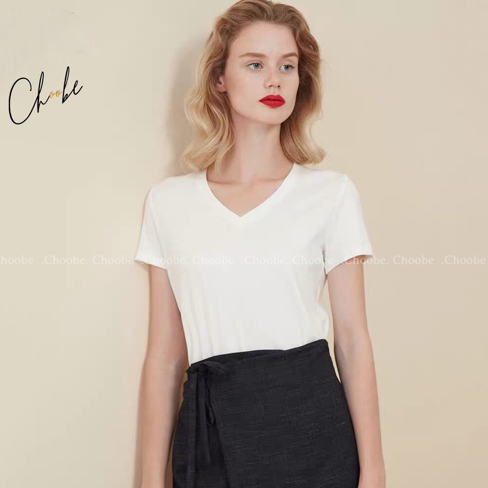 Áo phông nữ Choobe cộc tay cổ tim chữ v thun trơn form rộng co giãn màu đen trắng cam bigsize thời trang basic A18 | BigBuy360 - bigbuy360.vn