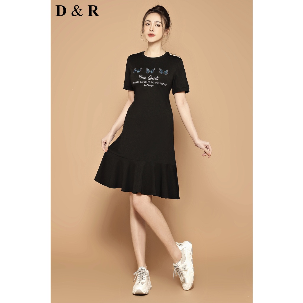 Đầm thun suông bigsize thêu phối nút đồng Quảng Châu cao cấp váy đi chơi dạo phố thương hiệu thời trang D&R D138