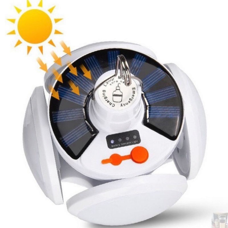 Đèn tích điện có tấm năng lượng mặt trời 4 cánh xoèFREESHIPBóng đèn led tích điện có sạc có móc treo tiện lợi