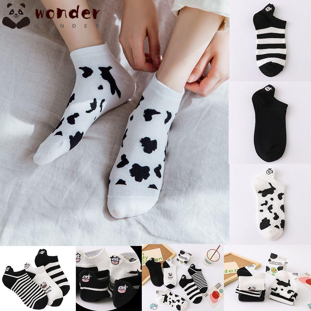 Vớ thuyền giữ ấm thêu họa tiết bò sữa hoạt hình màu trắng đen dễ thương cho nữ