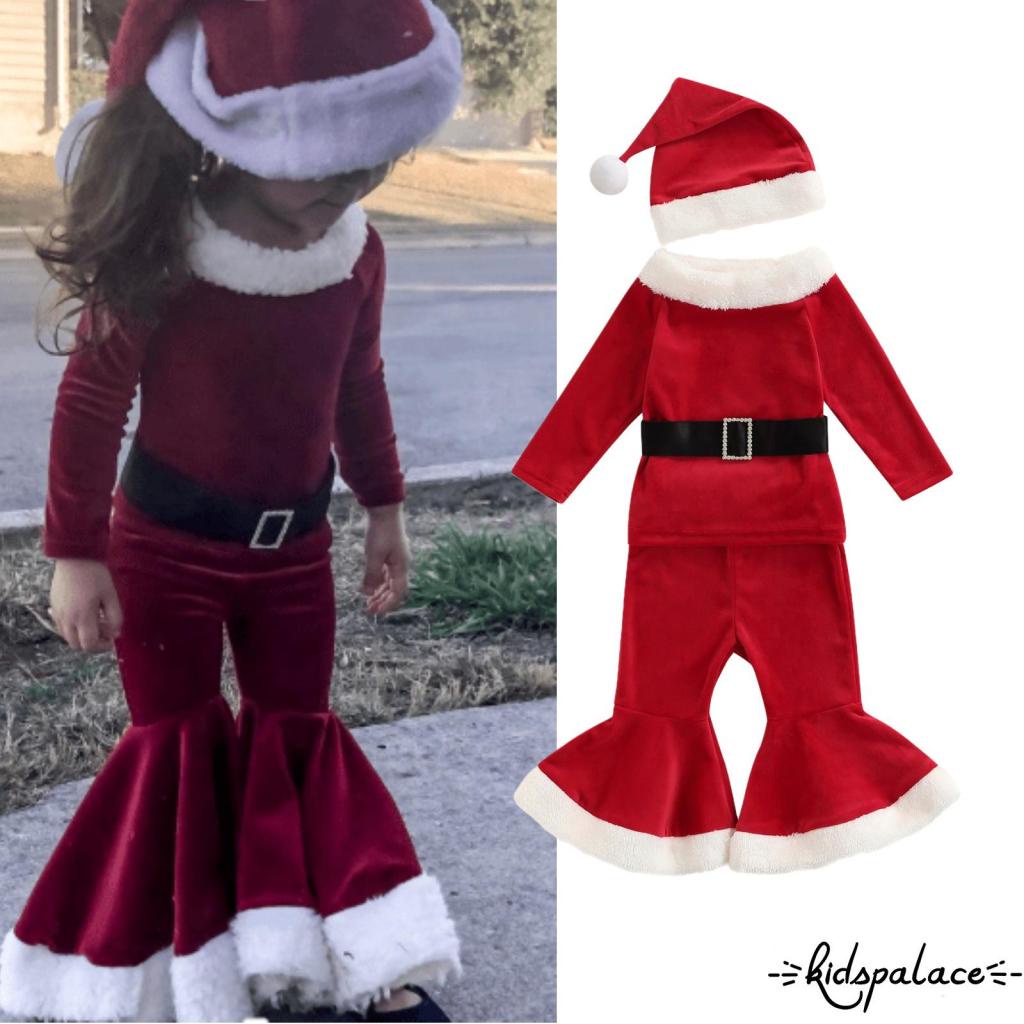 Set đồ 3 món áo tay dài phối lông phối quần dài ống loe và mũ ông già Noel cho bé gái