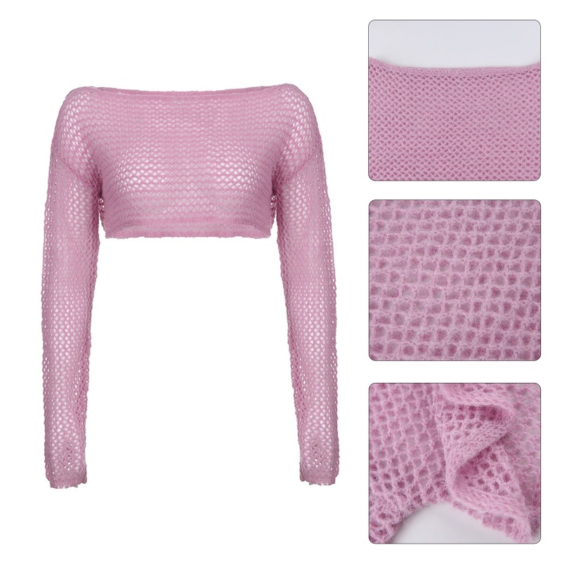 Áo Croptop Dệt Kim Màu Hồng Khoét Lỗ Thời Trang Quyến Rũ Cho Nữ