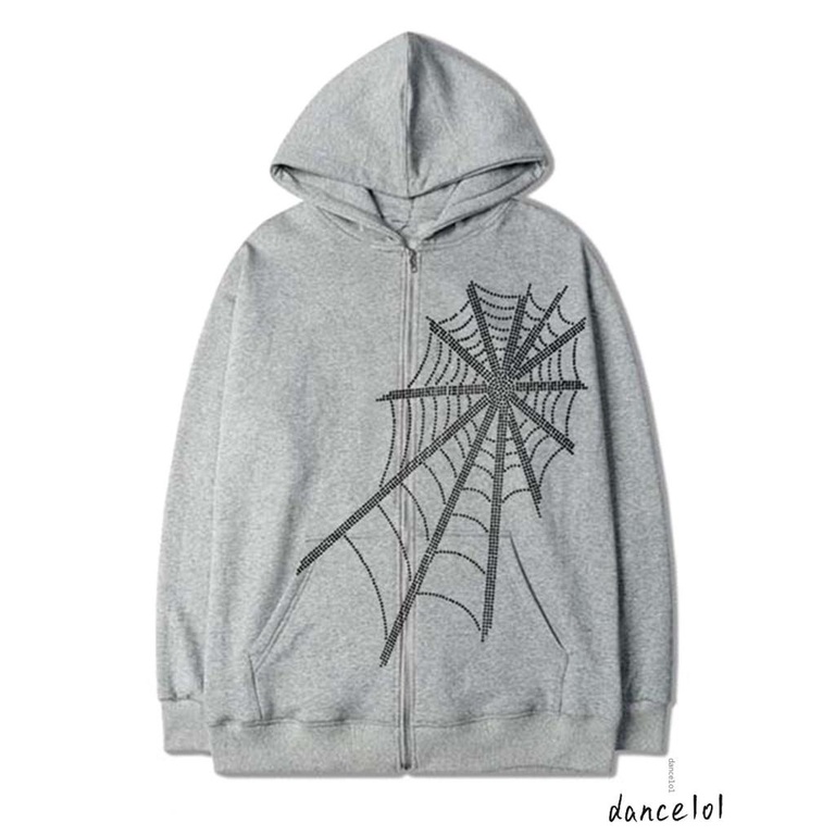 Áo Khoác Nhảy Múa Tay Dài Có Dây Kéo Hình Mạng Nhện Đính Đá 1O1-Y2k