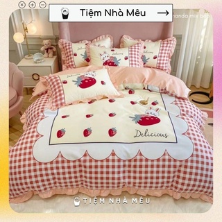Bộ Chăn Ga Gối Cotton 100%✨m6/m8/2m -Tiệm Nhà Mêu✨2 Vỏ gối ,drap , vỏ chăn Cotton Amanda Họa Tiết Mới Viền Bèo Dễ Thương