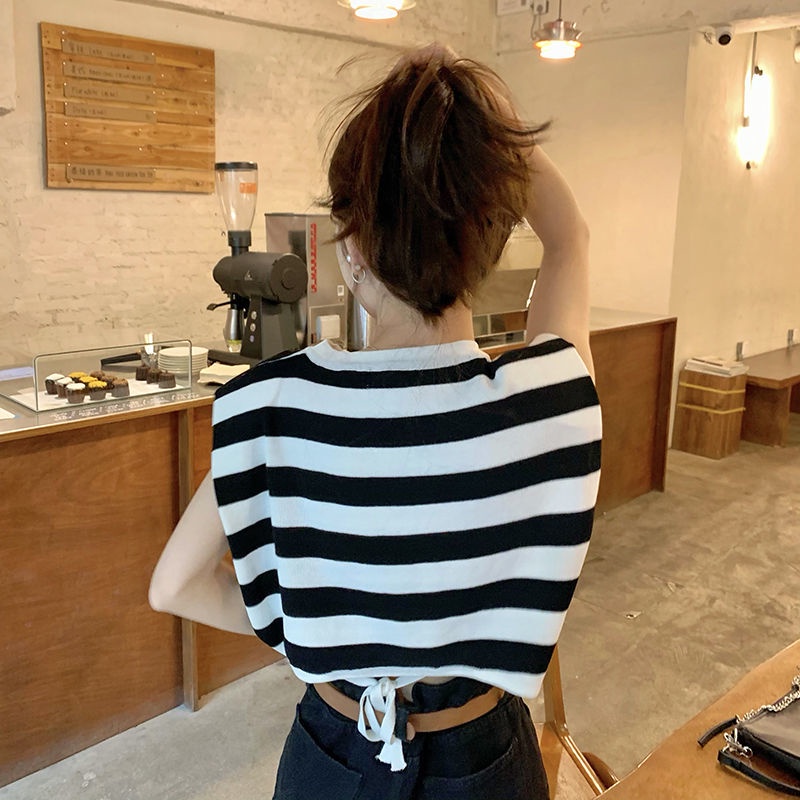 Áo Thun Dệt Kim Sát Nách Dáng Rộng Cổ Tròn Họa Tiết Kẻ Sọc Thời Trang Mùa Hè Cho Nữ