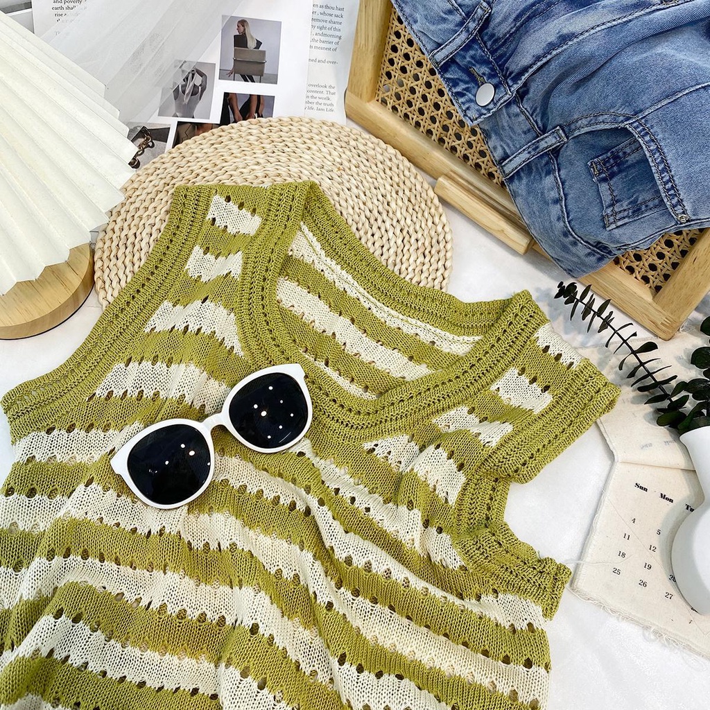 Áo Dệt Kim Không Tay Dáng Rộng Họa Tiết Kẻ Sọc Màu Đen Thời Trang Mùa Hè Dành Cho Nữ