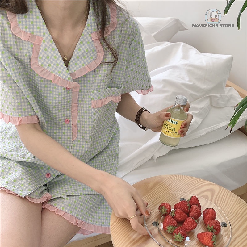 Set đồ ngủ tay ngắn họa tiết chấm bi phong cách Nhật Bản thời trang mùa hè đáng yêu dành cho nữ