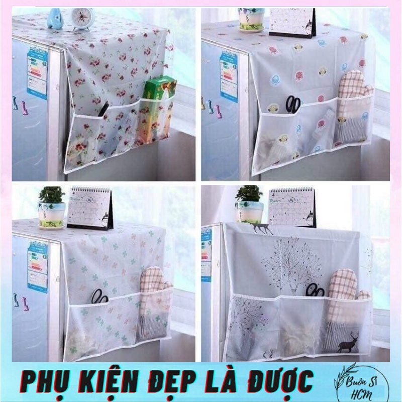 Tấm che tủ lạnh chống bụi/ chống thấm nước/ tấm trải tủ lạnh có ngăn đựng đồ 2 bên