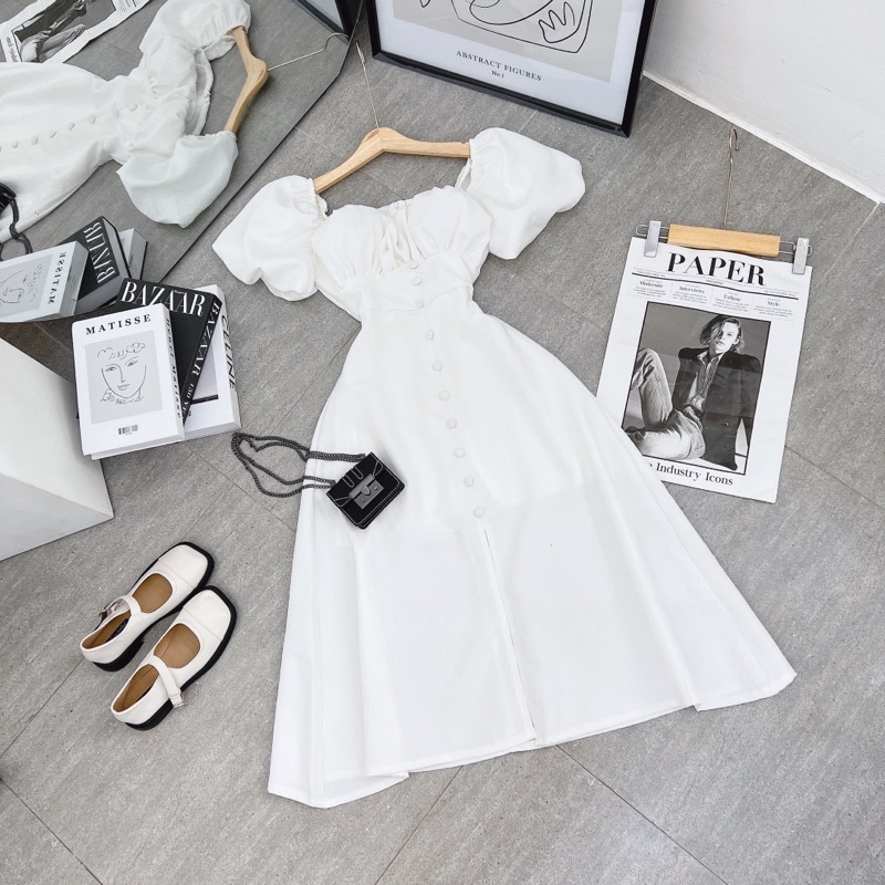 ĐẦM MIDI XƯỢC VẢI NÚT BỌC TAY PHỒNG XẺ TÀ TRƯỚC MS61