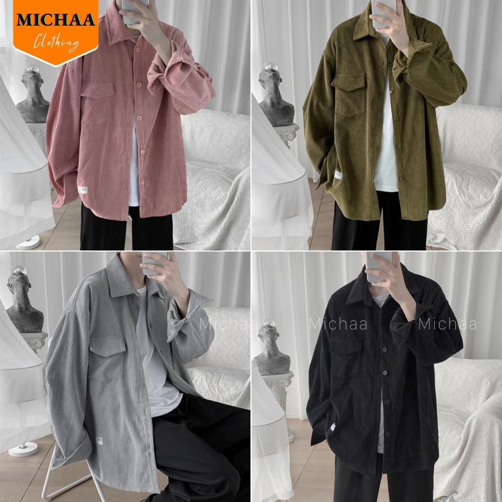 Áo Khoác Sơ Mi Nhung Tăm GẮN LOGO Nam Nữ Kiểu Basic Dài Tay, Áo Oversize Nhiều Màu MICHAA