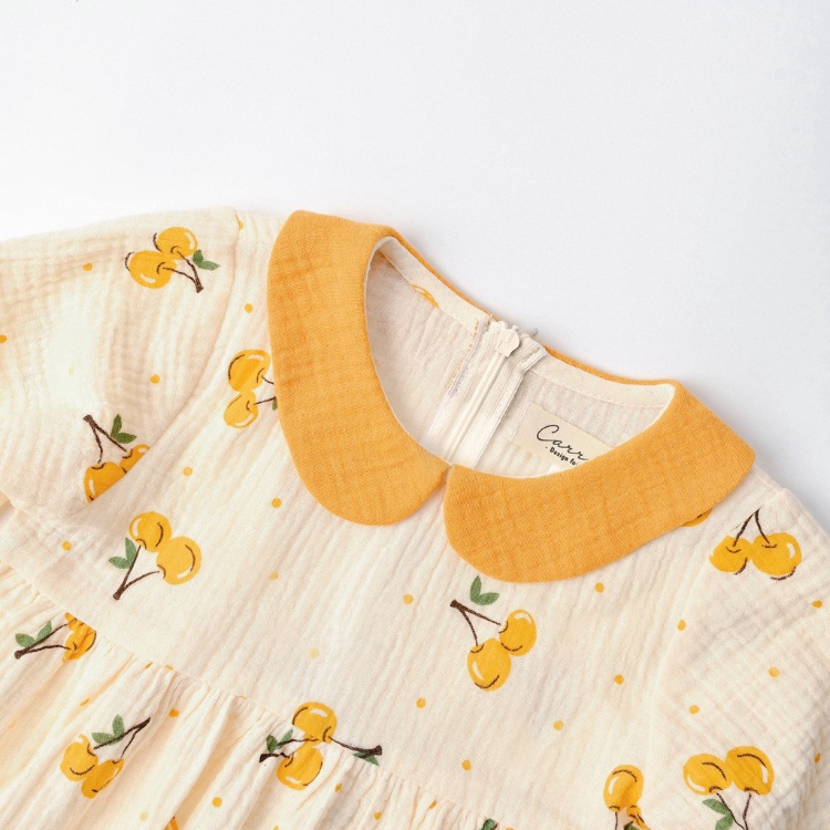 Váy Bé Gái Carrot Đầm Xòe Tay Lỡ Cổ Sen, Họa Tiết Quả Cherry, Chất Xô Muslin Mềm, Thoáng Mát