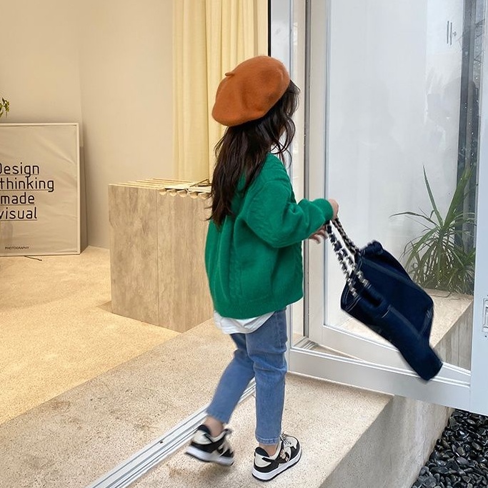 Áo Len Màu Xanh Lá Cây Phong Cách Phương Tây Cho Bé Gái Hàn QuốcVÁo Dệt Kim Dài Tay Cổ Sành Điệu