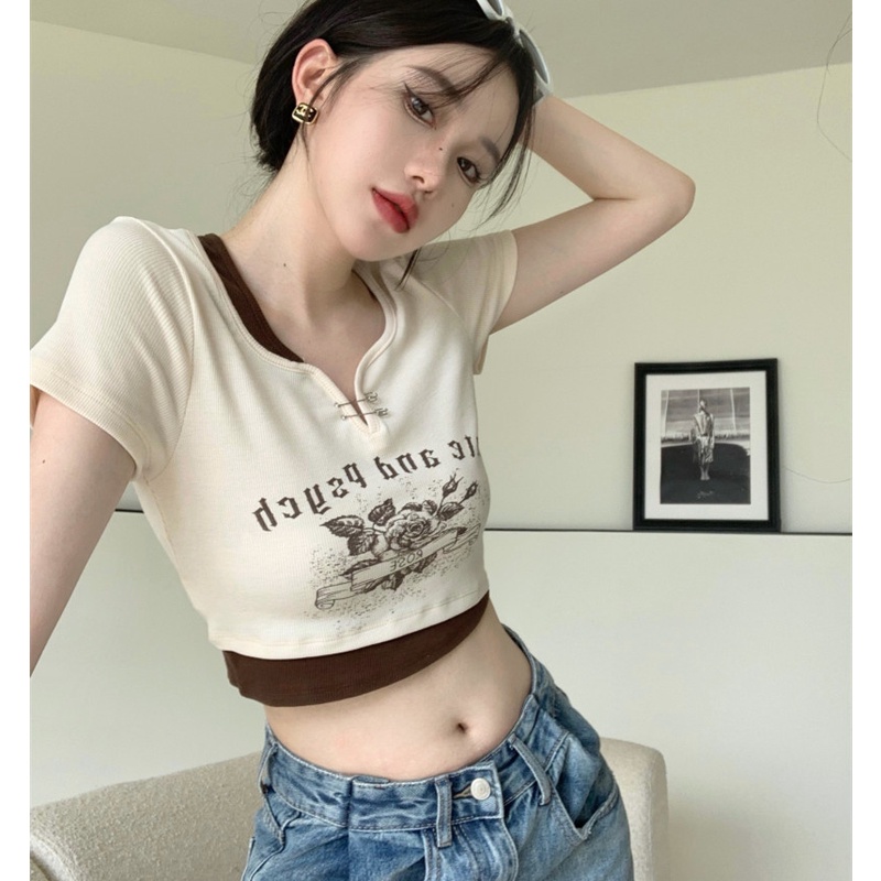 Áo Thun Croptop Tay Ngắn In Họa Tiết Phong Cách Retro Thời Trang Cho Nữ