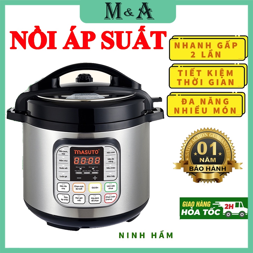 Nồi áp suất điện tử đa năng Masuto Nhật nấu cơm cháo hầm nhừ cực nhanh ruột Inox 304 siêu bền - Hàng chính hãng