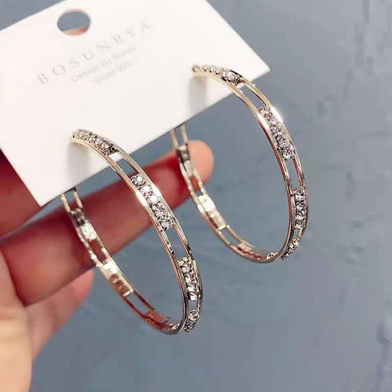 Bông Tai Mạ Bạc 925 Hình Tròn Lớn Đính Đá Thời Trang Cá Tính Cho Nữ