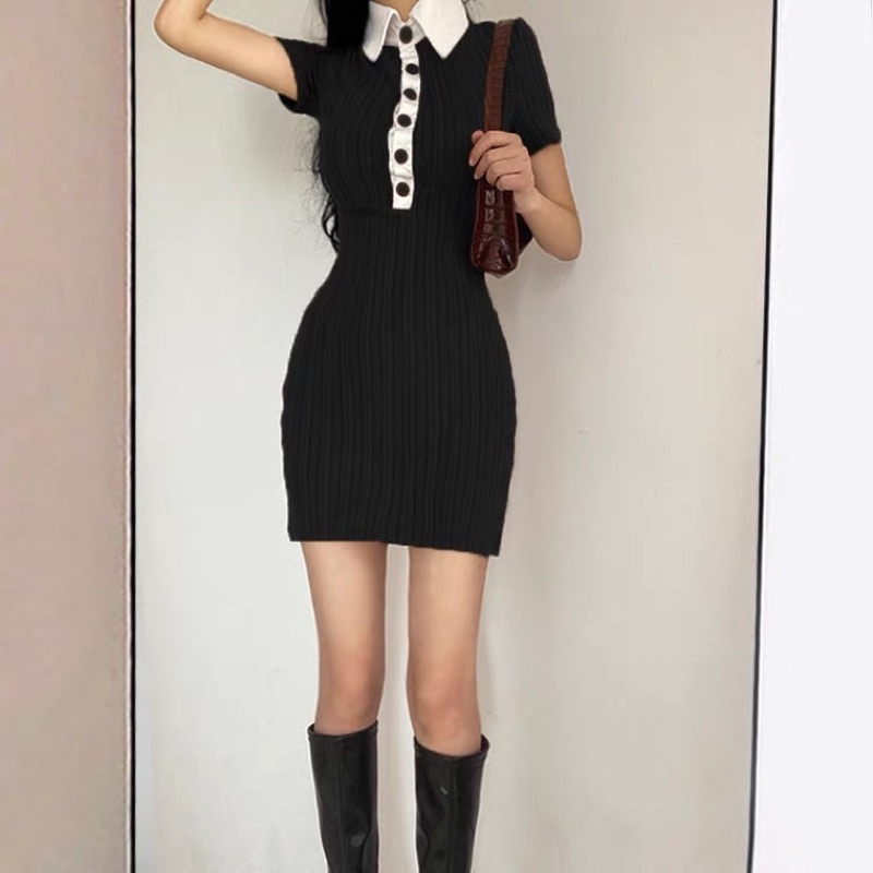 Váy Polo Gân Body Co Dãn Nút Cài Đen Ngắn Mặc Đi Chơi