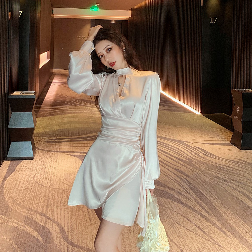 Đầm ngắn dự  tiệc phong cách nữ tính sang trọng Hàn Quốc tôn vòng eo đẹp chất vải đẹp xinh R2