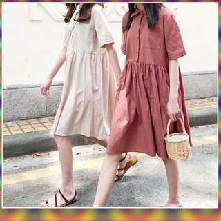 ✓Váy Nữ Siêu Hot 👉 Váy Babydoll Cổ Bẻ Sơ Mi 2 Màu Hồng Trắng Ulzzang - Hàng Đẹp Siêu Chất
